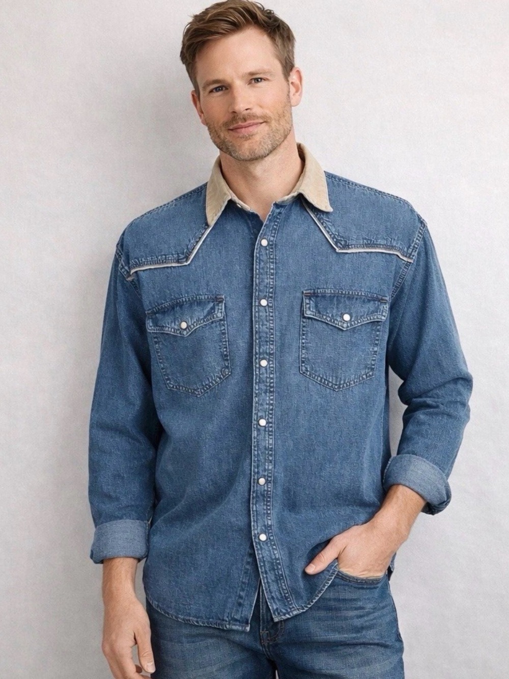 Men's GAP NWT Pearl Snap Denim Shirt XL Medium Wash Corduroy Collar Long Sleeve‎